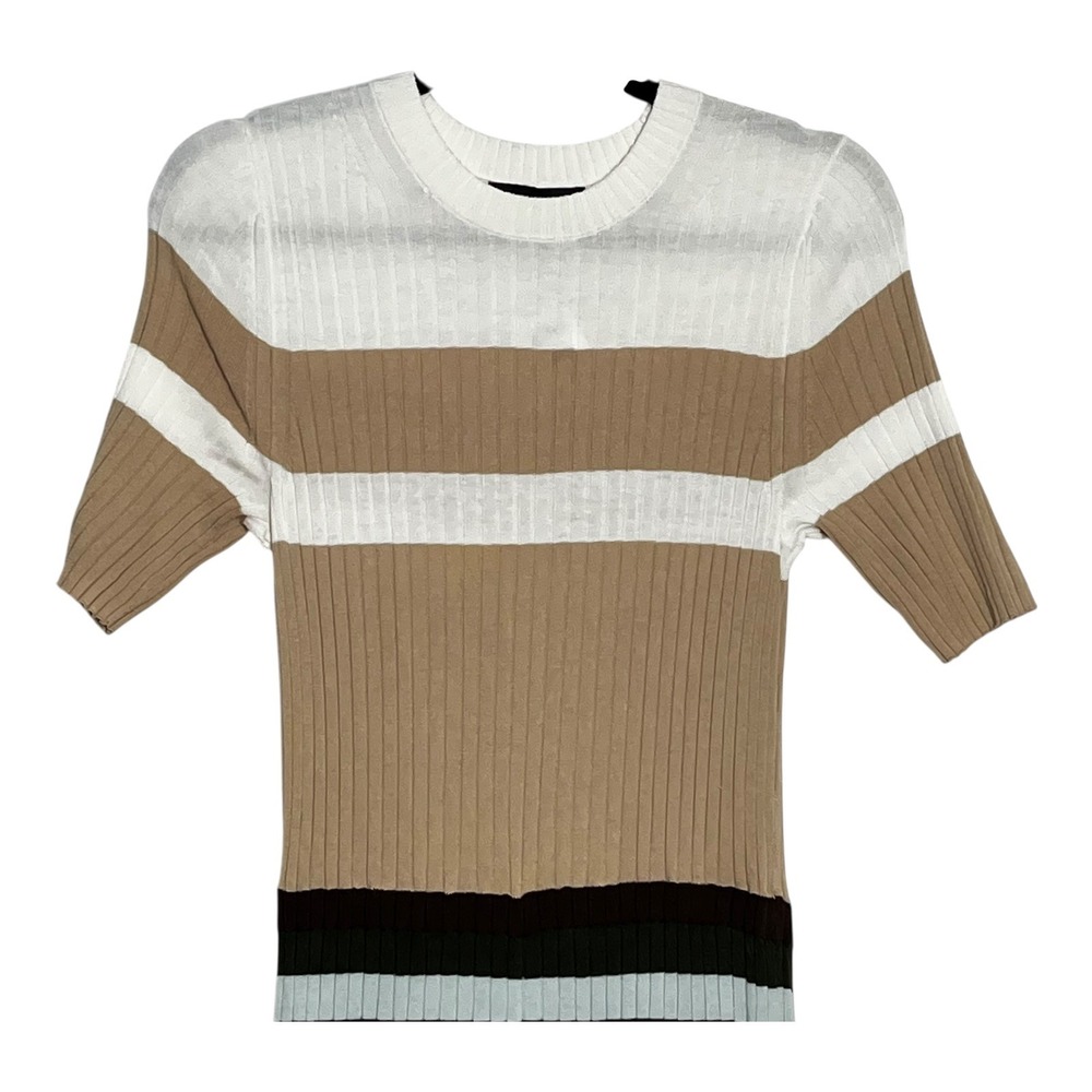 Banana Republic Ribbed Knit Midi Dress Tan White Striped Short Sleeve Medium NEW - Picture 2 of 8